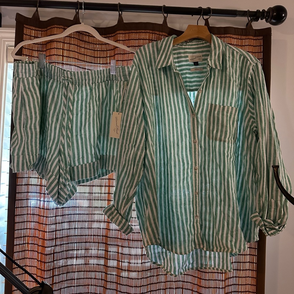 Green and White Striped Button-Up Shirt and Shorts Set - Picture 9 of 16